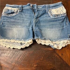 Miss Me Blue and Cream Jean Shorts with Lace Trim